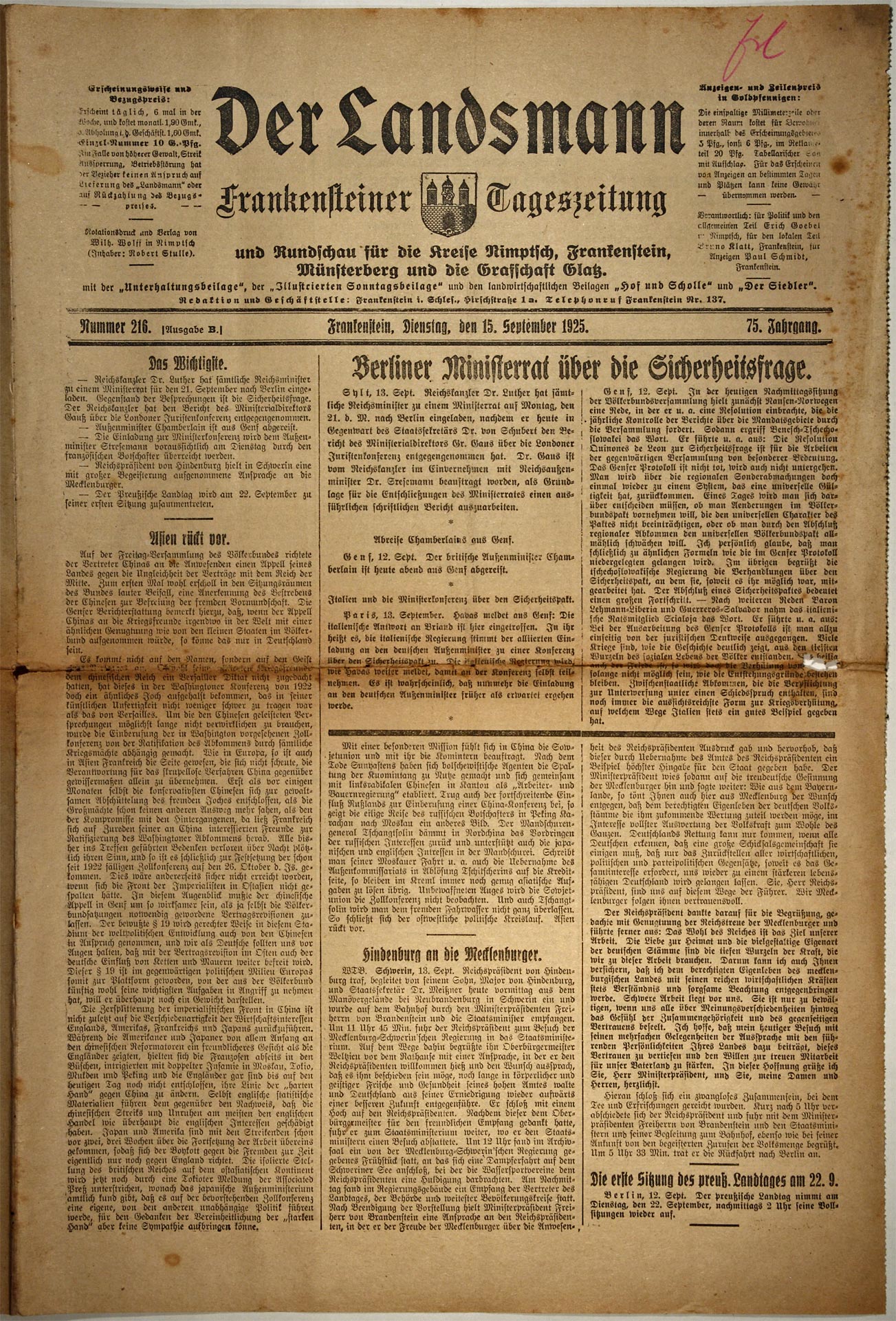 Der Landsmann 15.09.1925 Seite 1
