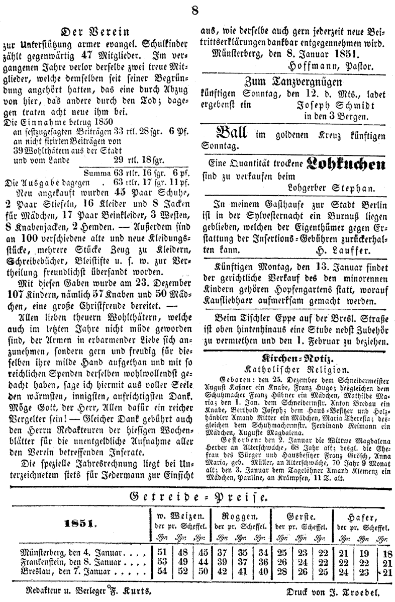 Münsterberg Stadtblatt 1851 2d